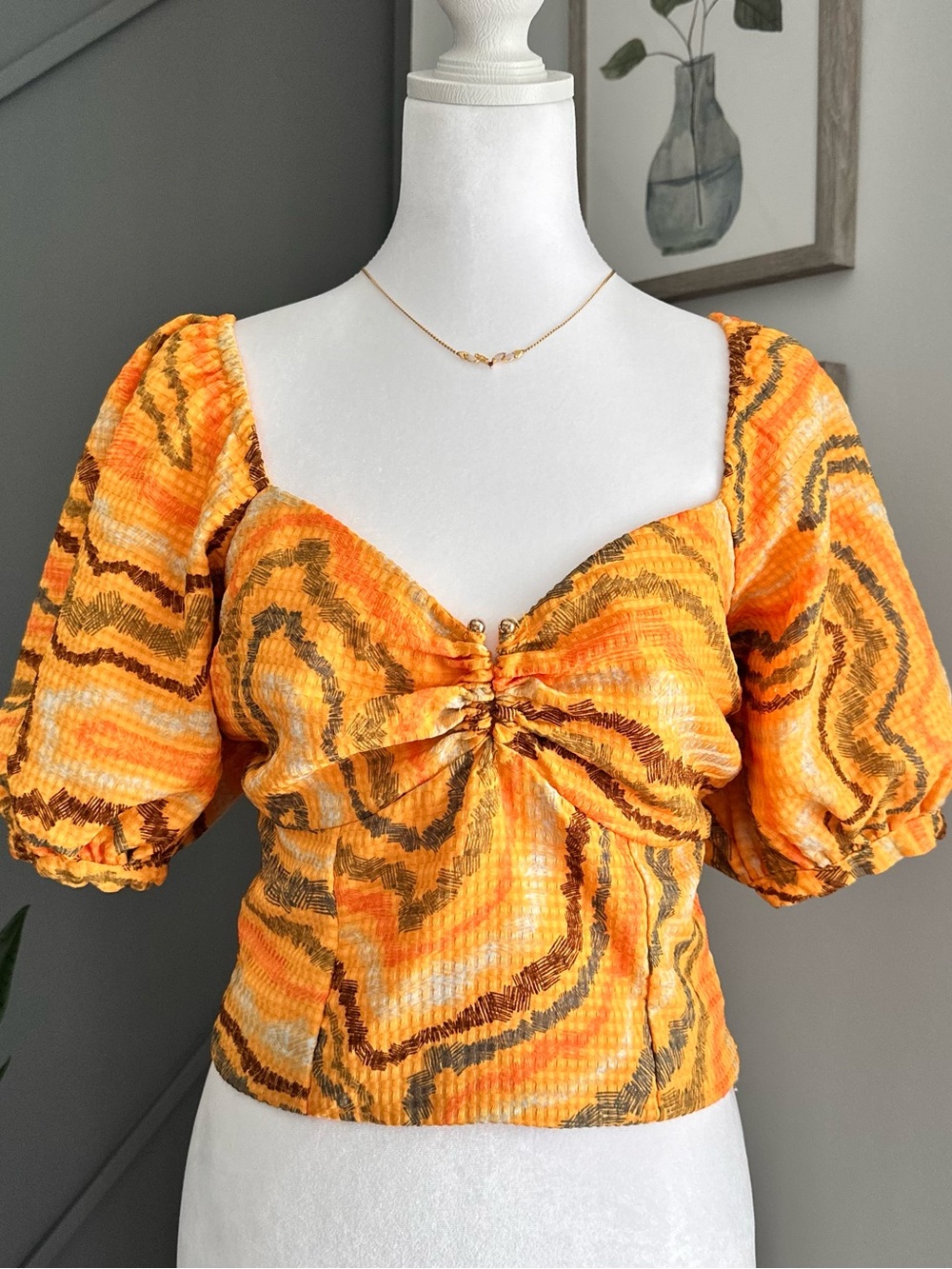 Sam Edelman Yellow & Brown Ruched Puff-Sleeve Crop Top